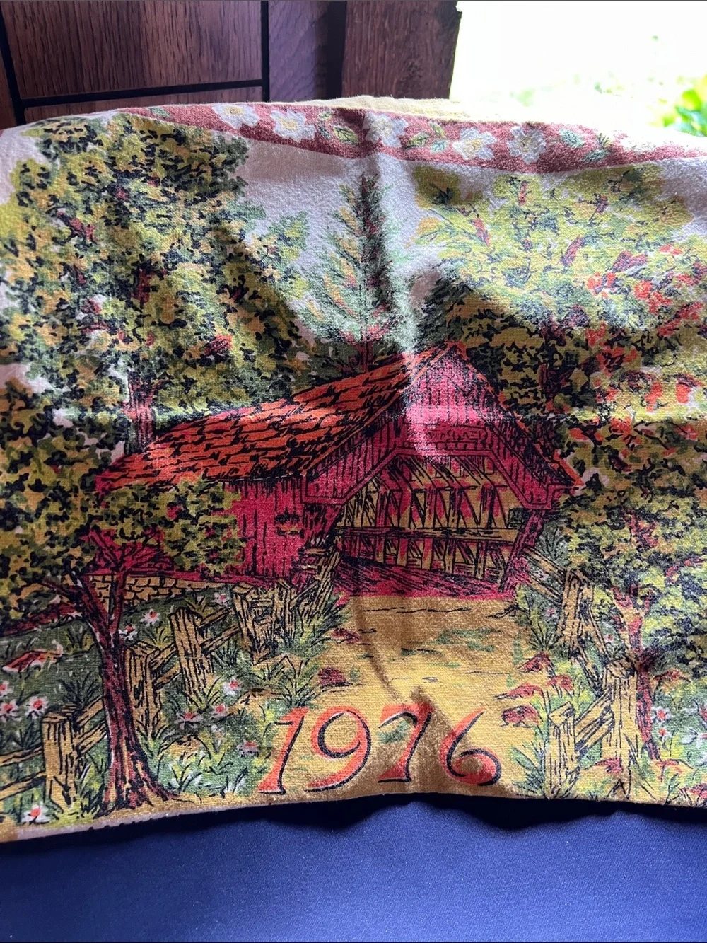 Vintage 1976 Calendar Tea Towel with Country Barn Illustration
